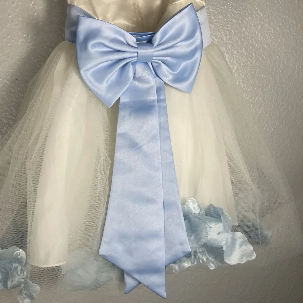 Flower Girl Dress Birthday Pageant 2T Ivory White Baby Blue Pedals Tulle Easter